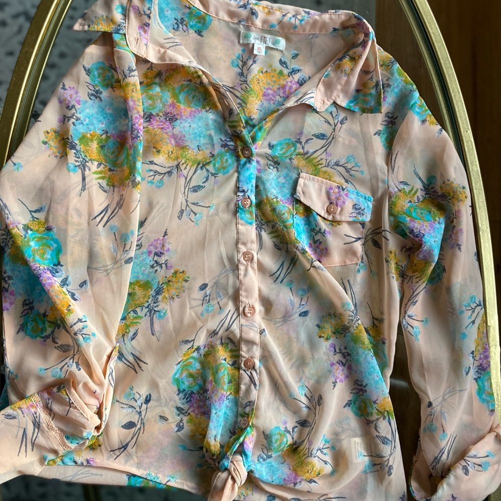 Floral Button Down Blouse for Spring with Tie bottom